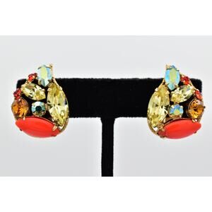 Regency Vintage Cabochon Crystal Clip On Earrings Coral Gold Signed 1950s BinBF
